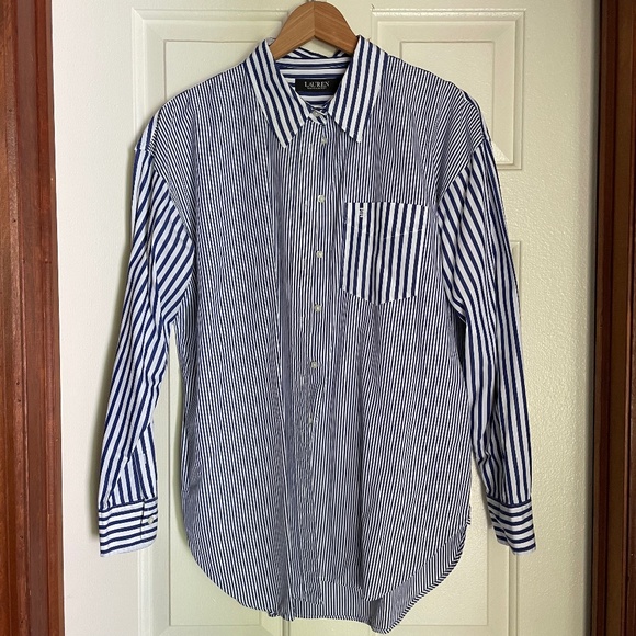 LAUREN RALPH LAUREN Women's Striped Cotton Broadcloth Shirt Large - Picture 1 of 3